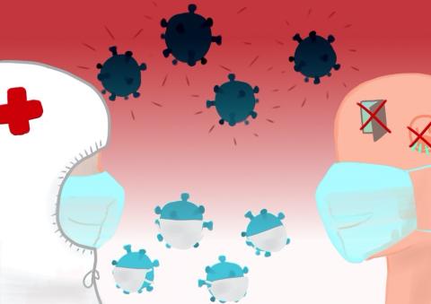 abstract covid virus swirls around two masked individuals