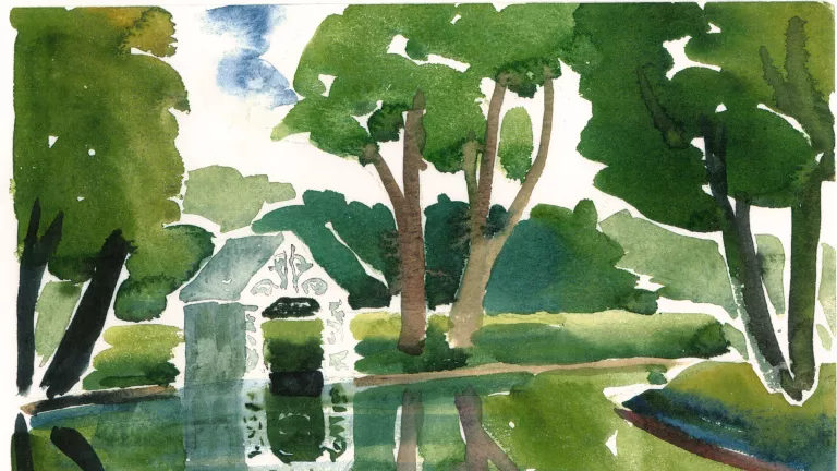 Reflection of the gazebo and trees, signed watercolour by Doris McCarthy